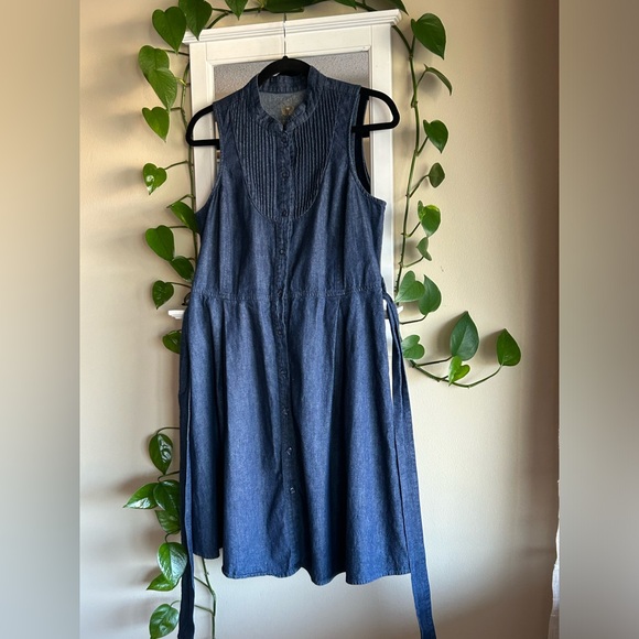 THRE3 Sleeveless Dark Blue Denim Vibes Button Up Fit & Flare Belted Dress EUC - Picture 7 of 16